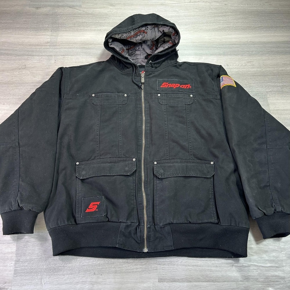 Snap-on Tools Jacket Mens 2XL Black Canvas Hooded Insulated Full Zip Workwear
